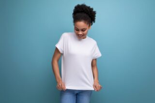 young hispanic brunette woman dressed in white t-shirt with printable template