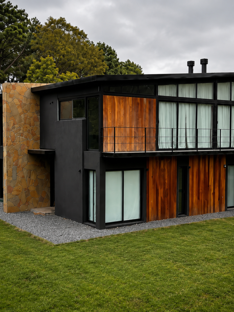 Ventanales de aluminio negro con doble vidrio DVH en casa de campo.