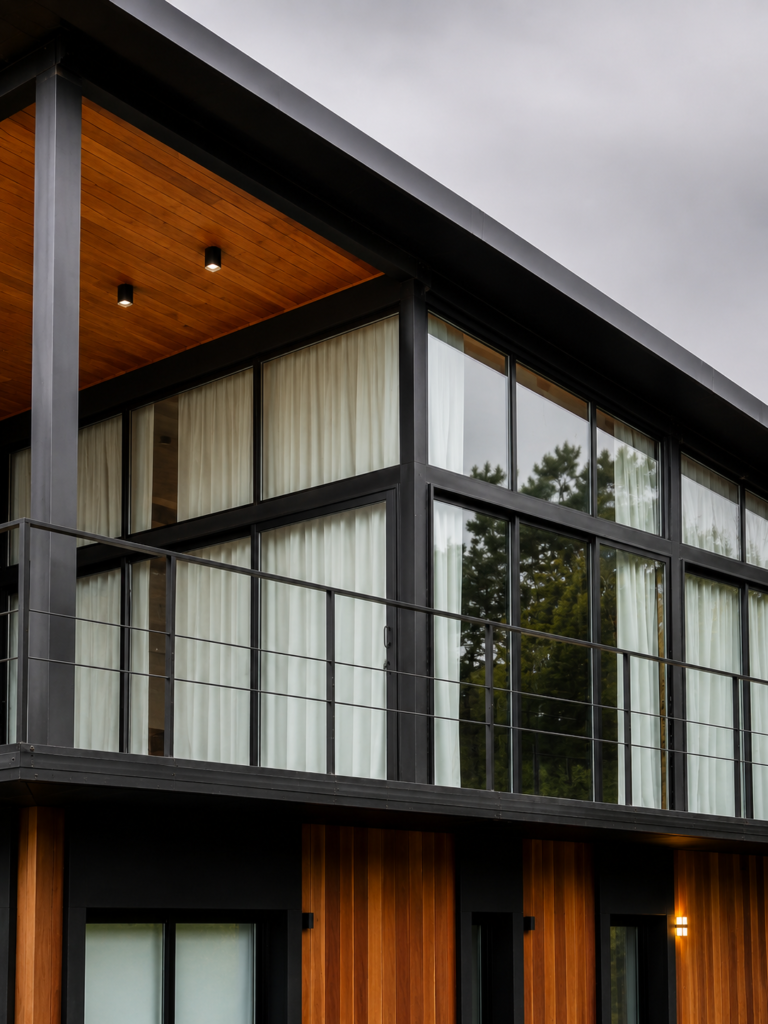 Cerramiento de aluminio negro Línea Rotonda 640 en terraza superior.